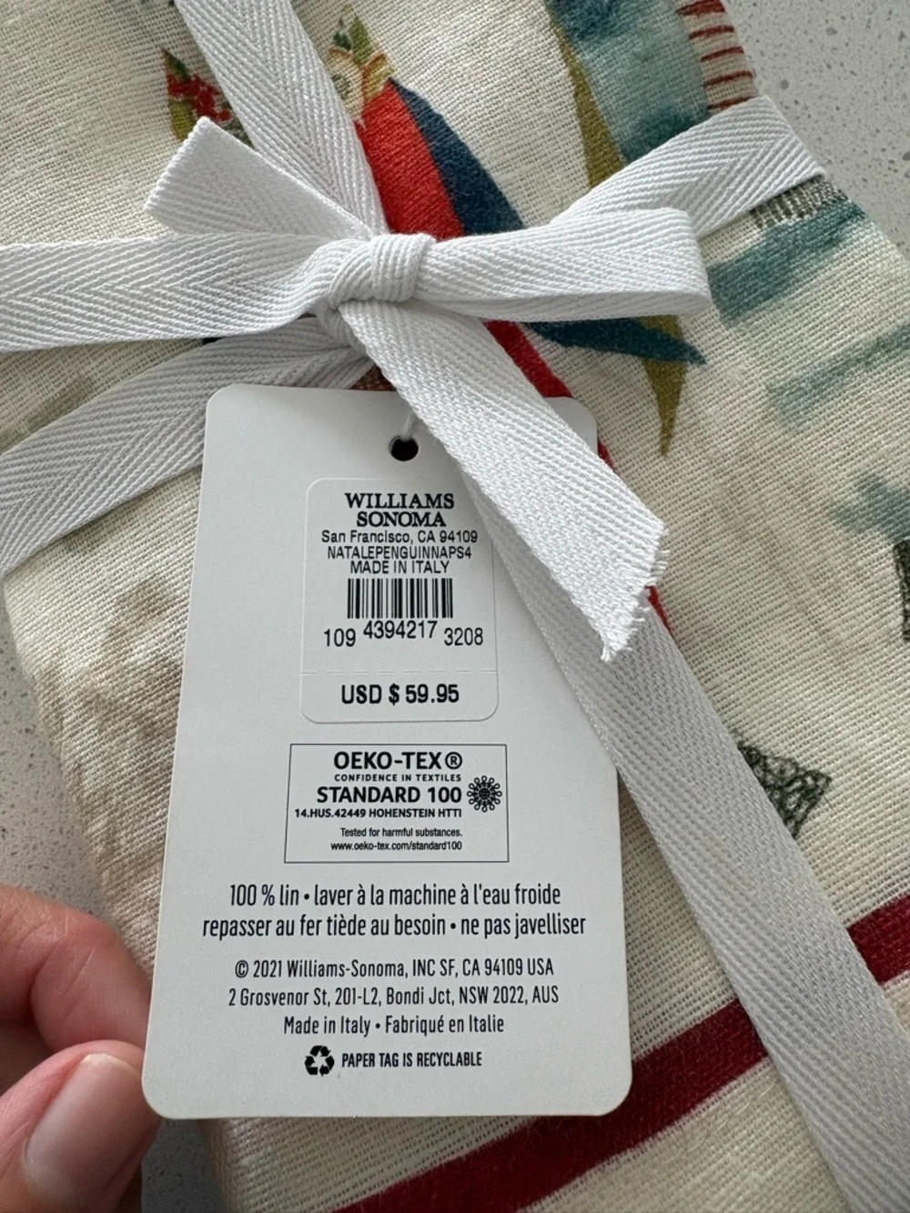 Williams Sonoma Cream Holiday Penguin Dinner Napkins with Red Trim - Set of 4
